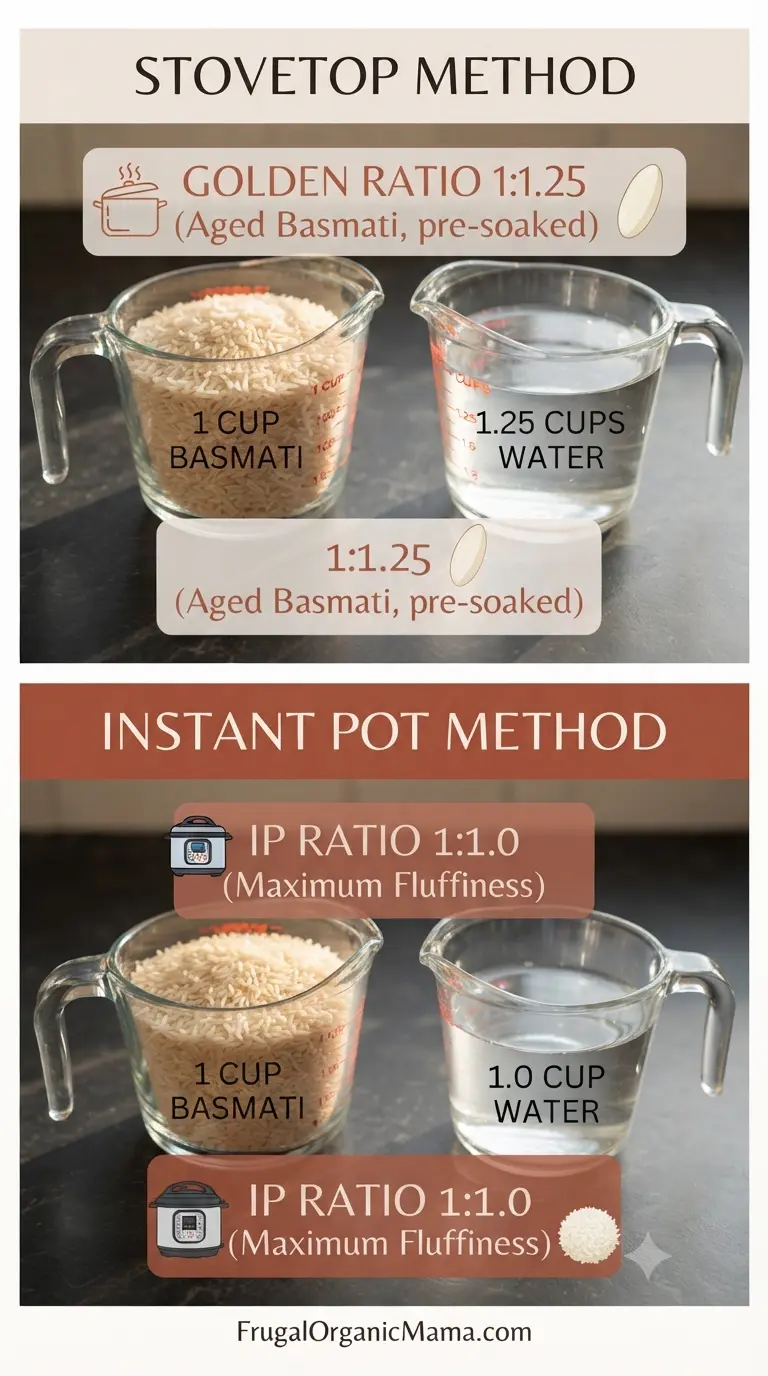 An infographic chart displaying the ideal water to Basmati rice ratios for both stovetop and Instant Pot, proving why less water prevents stickiness.