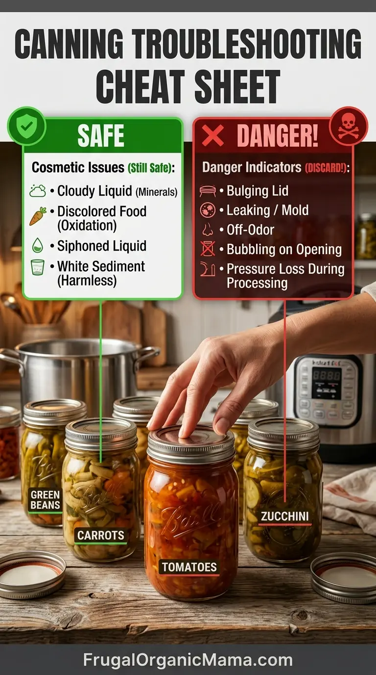 A cheat sheet infographic classifying home canning issues into safe cosmetic changes versus dangerous spoilage signs like bulging lids or mold.