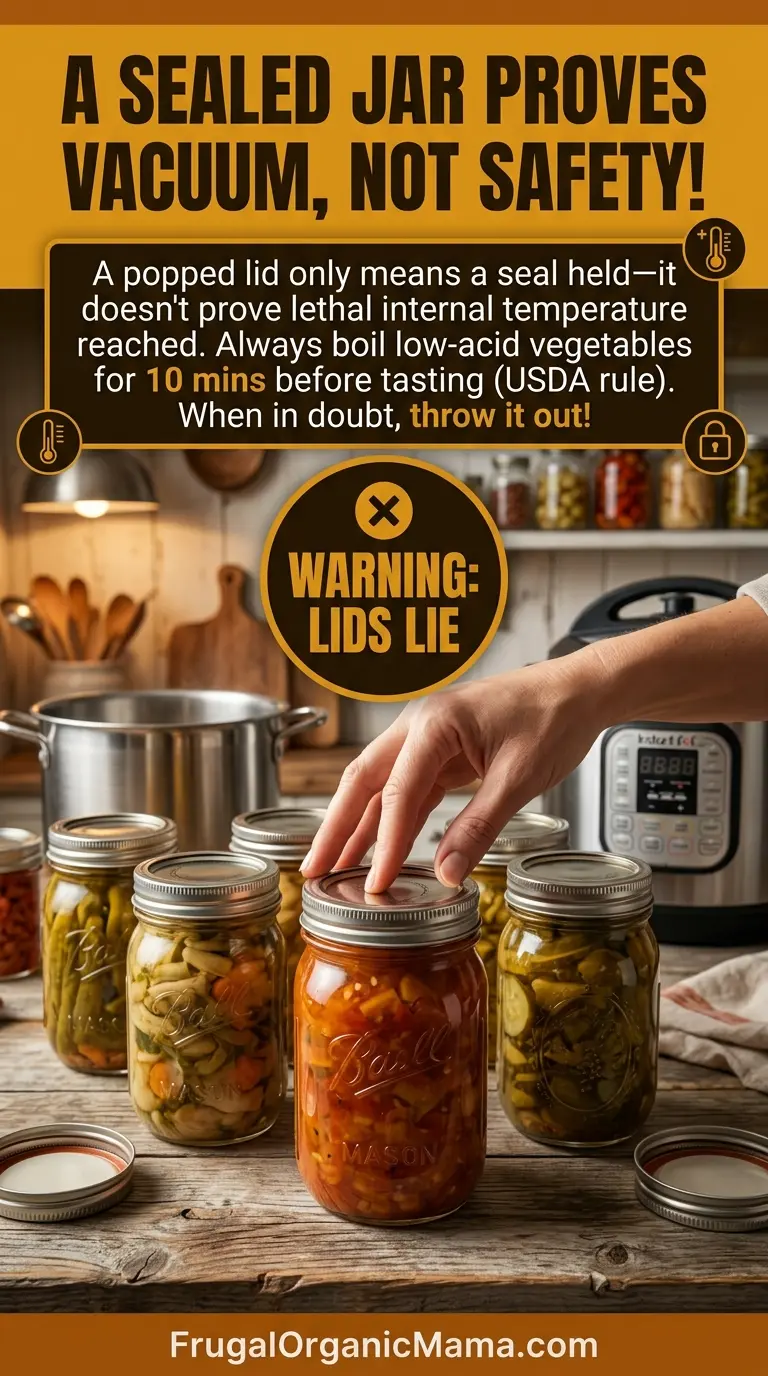 An infographic explaining why a sealed canning jar proves vacuum rather than food safety and outlining the USDA 10-minute boil rule.