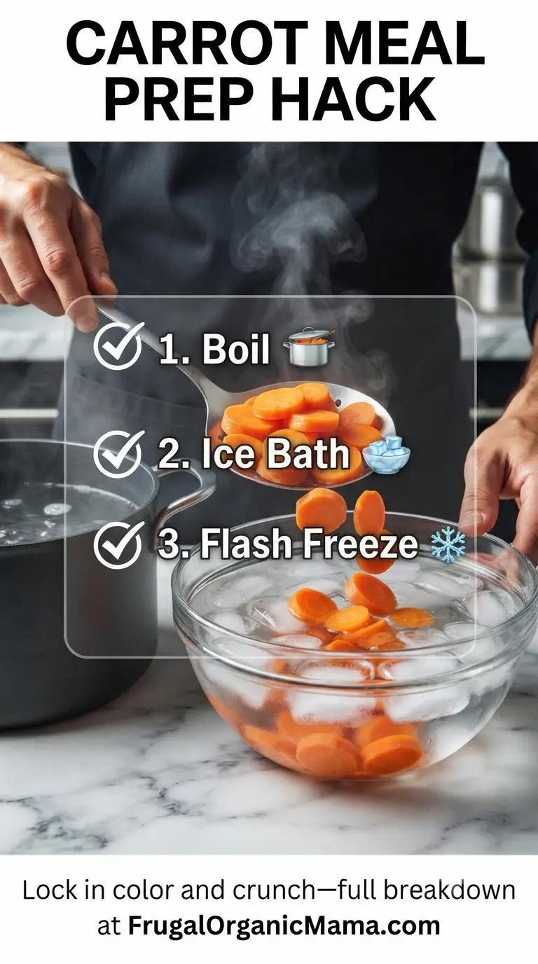 A visual cooking guide showing the ice bath shocking step for carrot meal prep and long-term freezer storage.