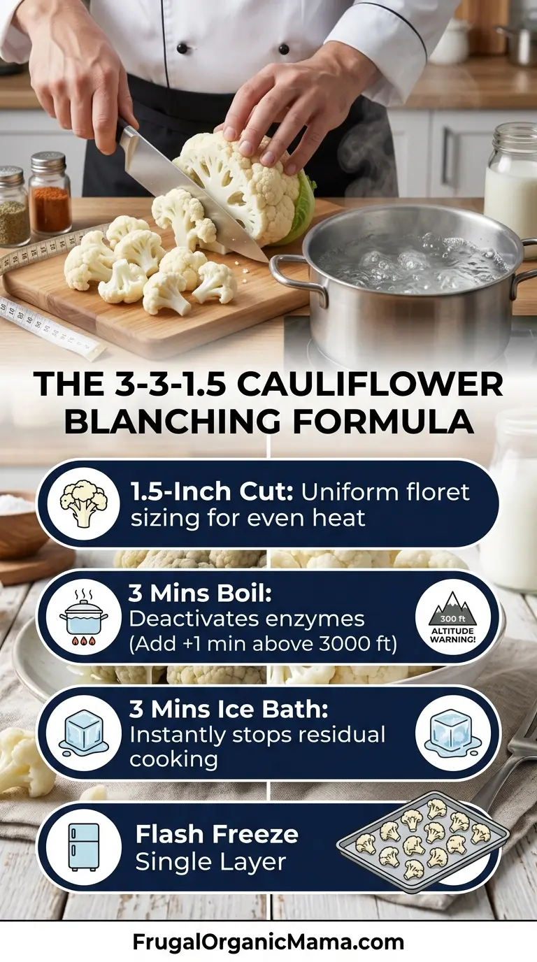 An infographic comparing unblanched mushy frozen cauliflower against white crisp blanched cauliflower using the USDA 3-3-1.5 formula