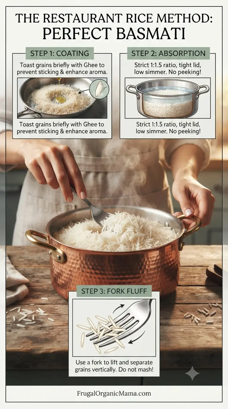 A step-by-step visual process showing how to coat dry pre-soaked Basmati rice with ghee before cooking and fluffing with a metal fork.