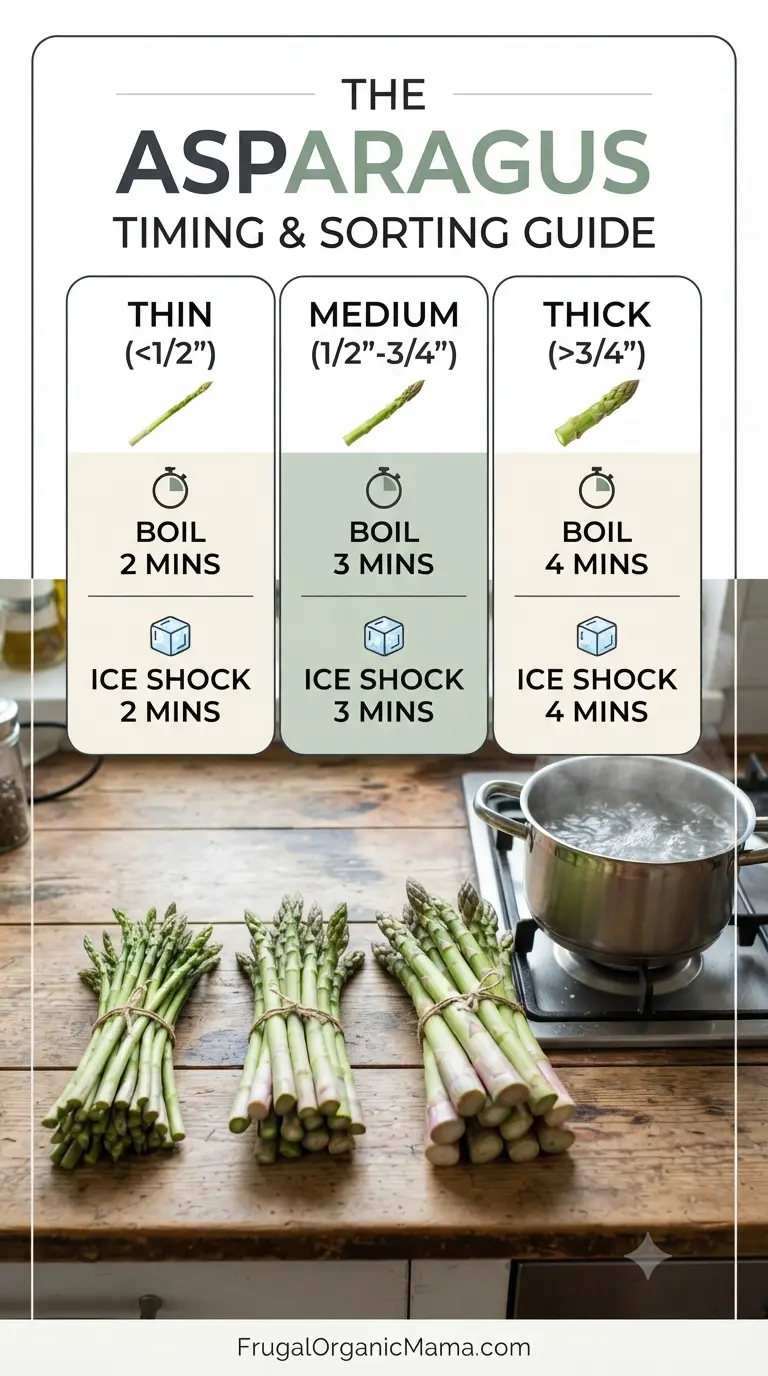 A side-by-side comparison illustrating a mushy, overcooked thin asparagus spear and a raw, tough thick asparagus spear cooked together versus perfectly sorted, evenly tender spears.
