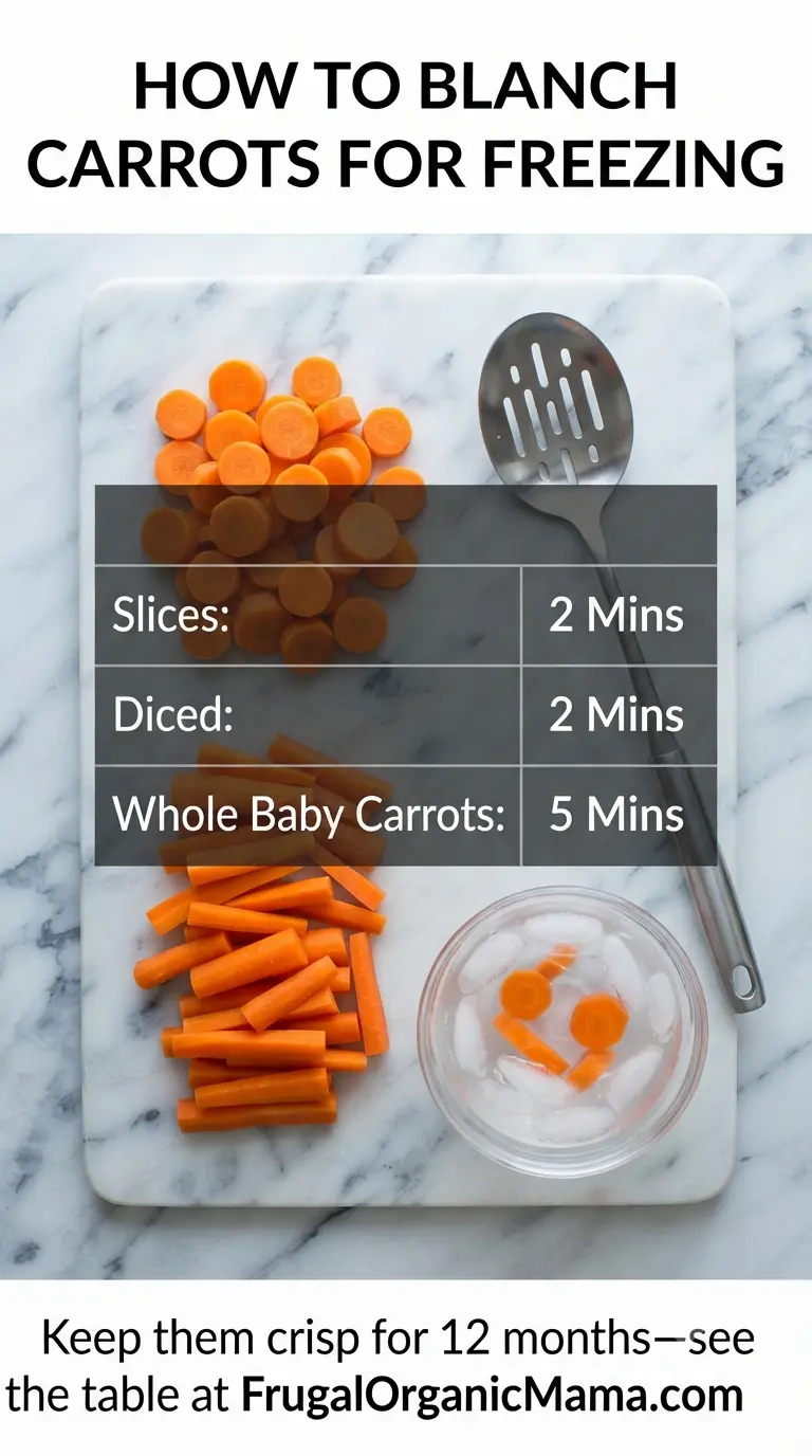 A complete carrot blanching time chart listing precise boiling minutes for sliced, diced, and whole carrots before freezing.
