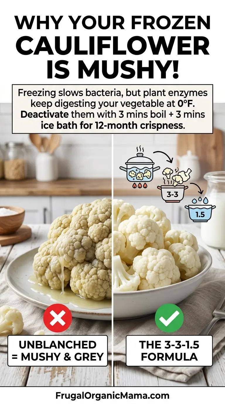 A step-by-step cheat sheet infographic showing the USDA blanching process for cauliflower: 1.5-inch cut, 3-minute boil, and 3-minute ice bath