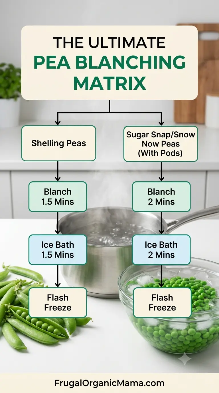 A comprehensive visual guide and flowchart explaining how to blanch peas, comparing water blanching times for sweet shelled peas versus sugar snap peas.