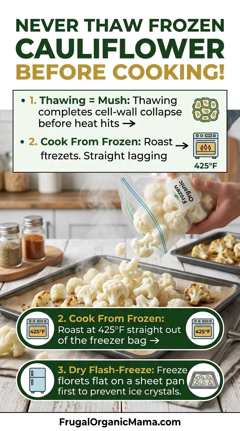 An infographic explaining why you should never thaw frozen cauliflower before cooking and how to roast it straight from frozen