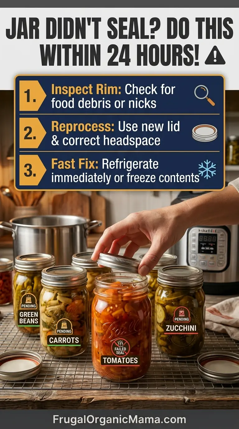 An infographic outlining the 24-hour action steps when a home canning jar fails to seal, including reprocessing or refrigeration.