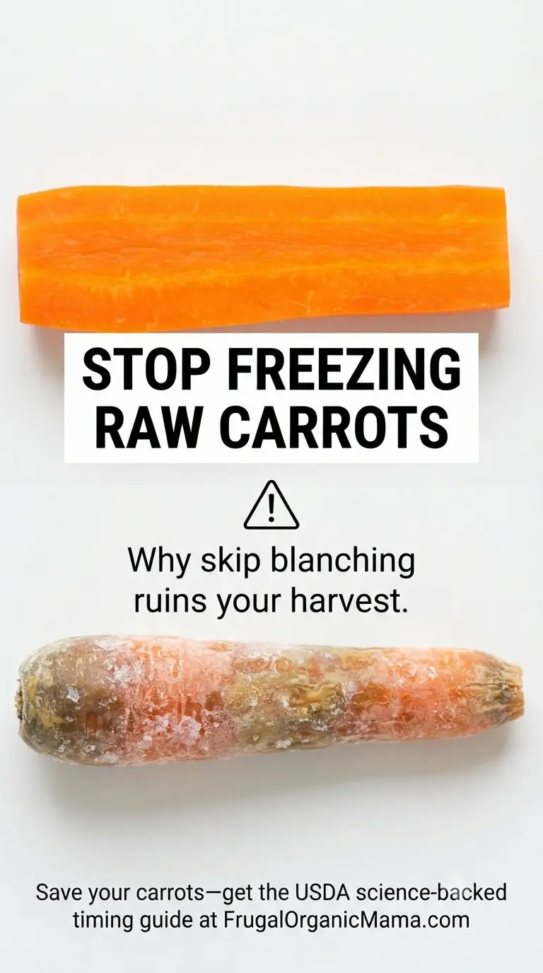 A food preservation infographic warning against freezing carrots raw without blanching, comparing the quality difference.