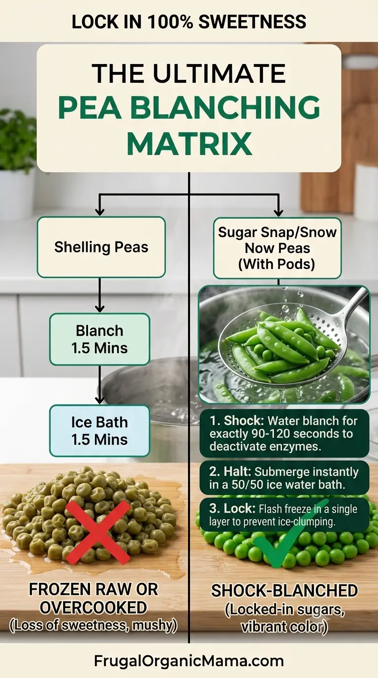 A step-by-step culinary science guide showing how to scoop blanched sugar snap peas into an ice water shock bath to preserve natural sweetness and sugars.