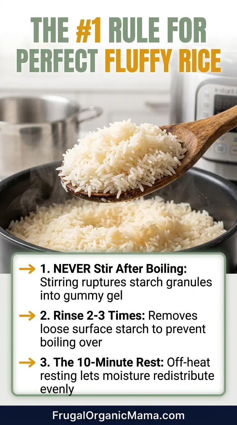 An infographic explaining why stirring long-grain rice causes gummyness and why the 10-minute rest step creates fluffy rice.