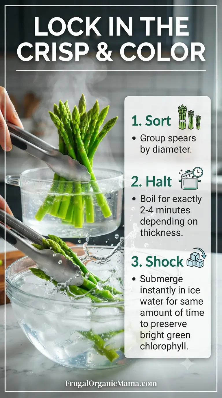 A macro close-up of vibrant bright green asparagus spears being scooped out of boiling water and plunged into an ice water shock bath to lock in chlorophyll and crispy texture.