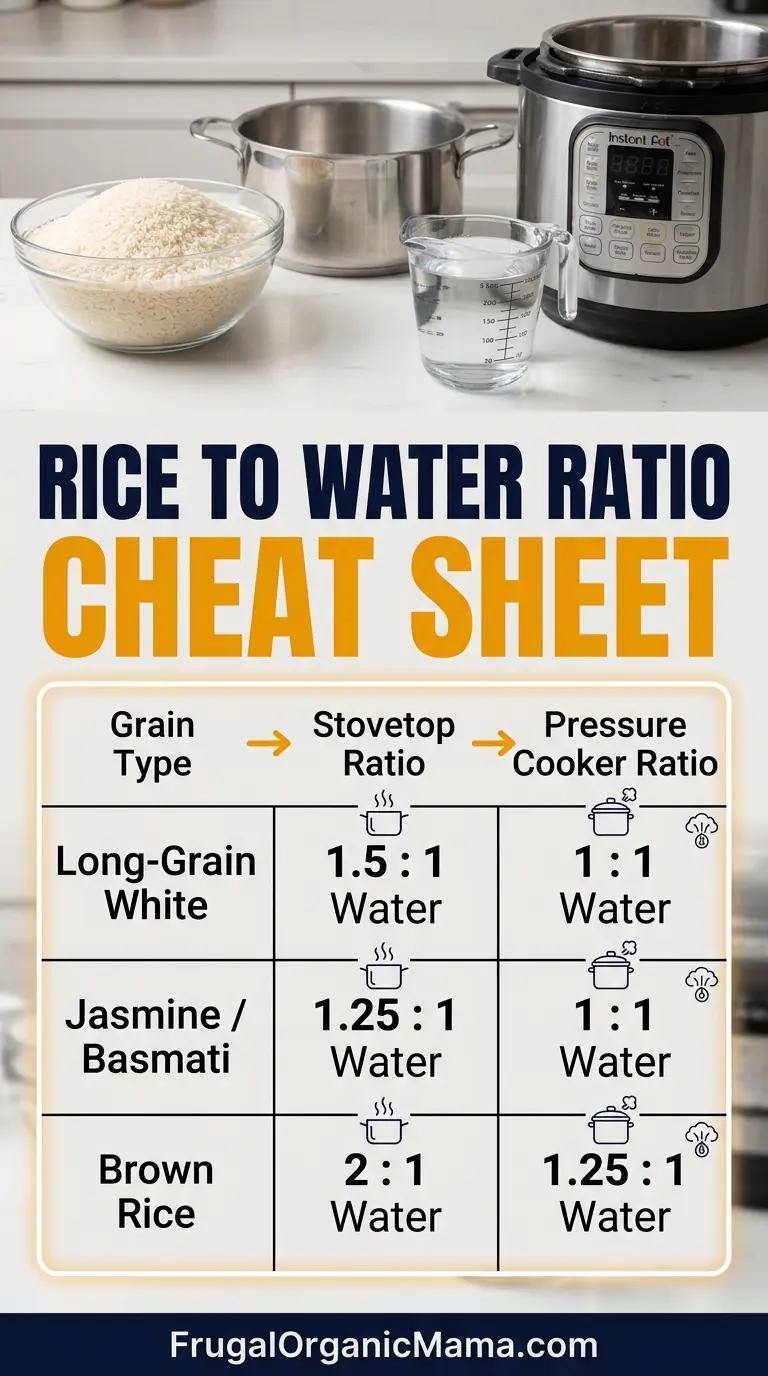 A cheat sheet infographic detailing the exact rice-to-water ratios for stovetop pots versus pressure cookers for different rice grains.