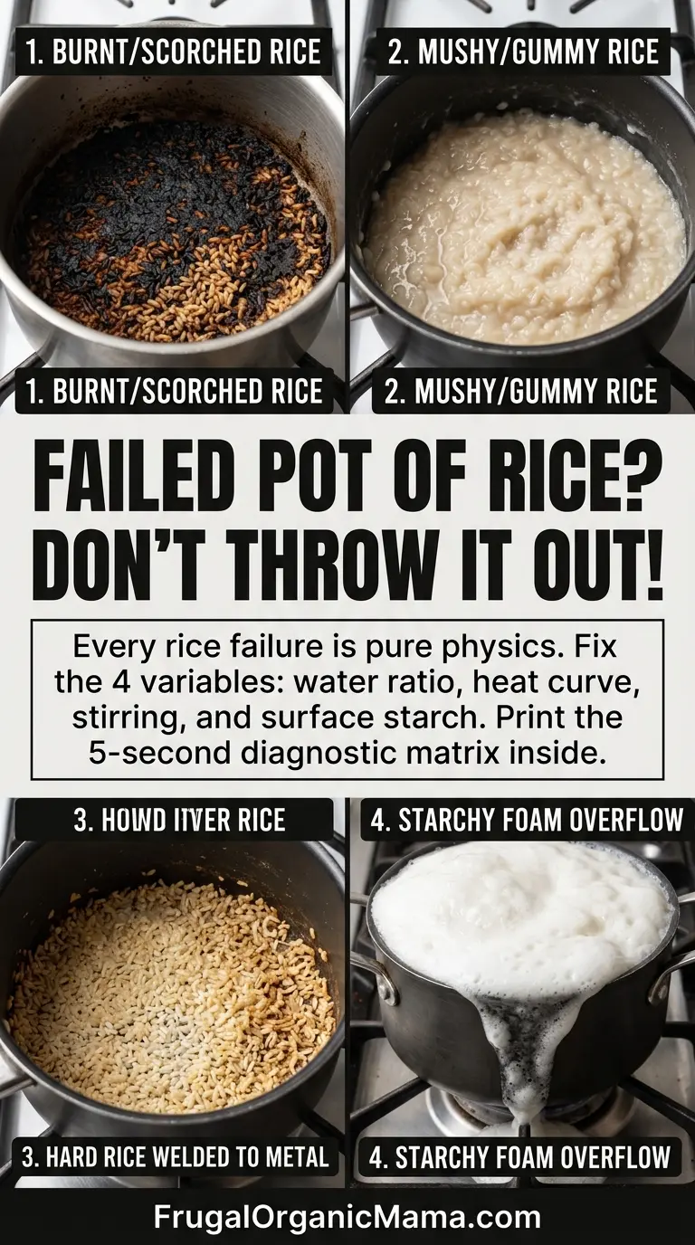 An infographic displaying a 4-way comparison of rice cooking failures including burnt crust, mushy texture, stuck rice, and starchy pot overflow.