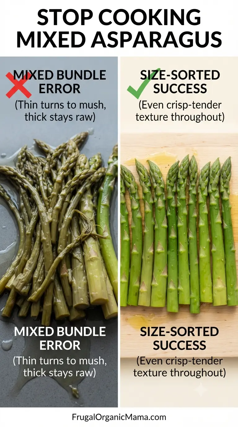 A side-by-side comparison illustrating a mushy, overcooked thin asparagus spear and a raw, tough thick asparagus spear cooked together versus perfectly sorted, evenly tender spears.