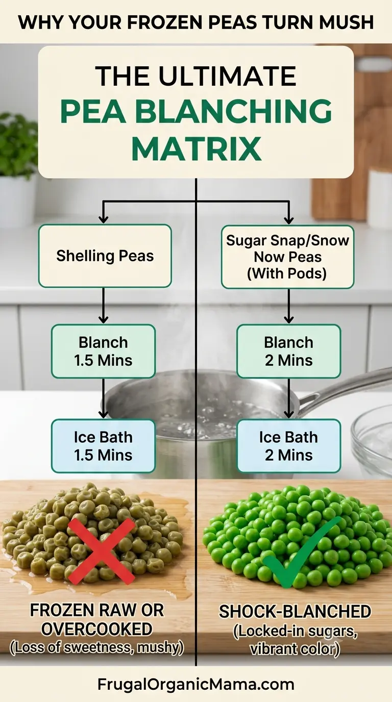 A side-by-side comparison illustrating the difference between peas frozen raw showing wrinkly brown skin and properly blanched peas keeping their bright green plump shape.