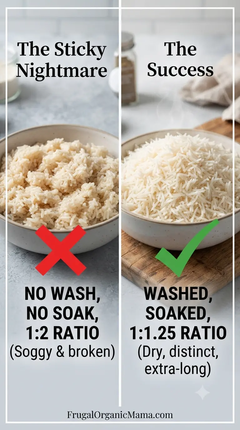 A side-by-side visual comparing sticky, clumped together overwatered Basmati rice versus dry, distinct, extra-long fluffed grains of cooked aged Basmati.